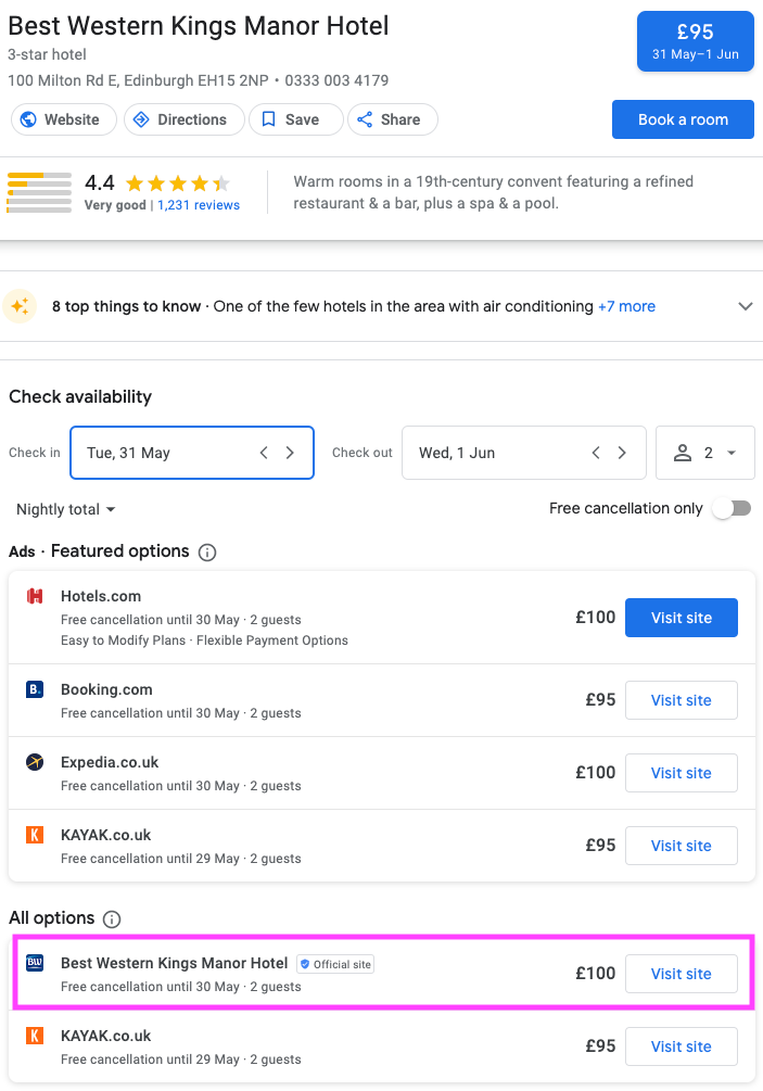 A Google search result showing a hotel booking module with free booking links next to the paid offers