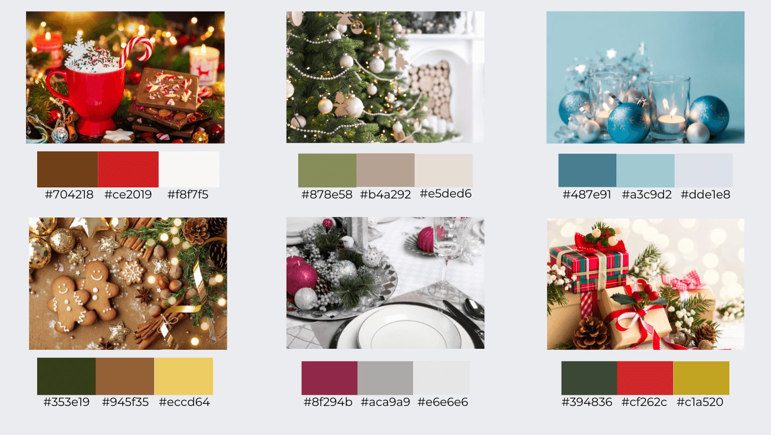 Four festive colour palettes with hex codes, from deep green and gold to red and cream