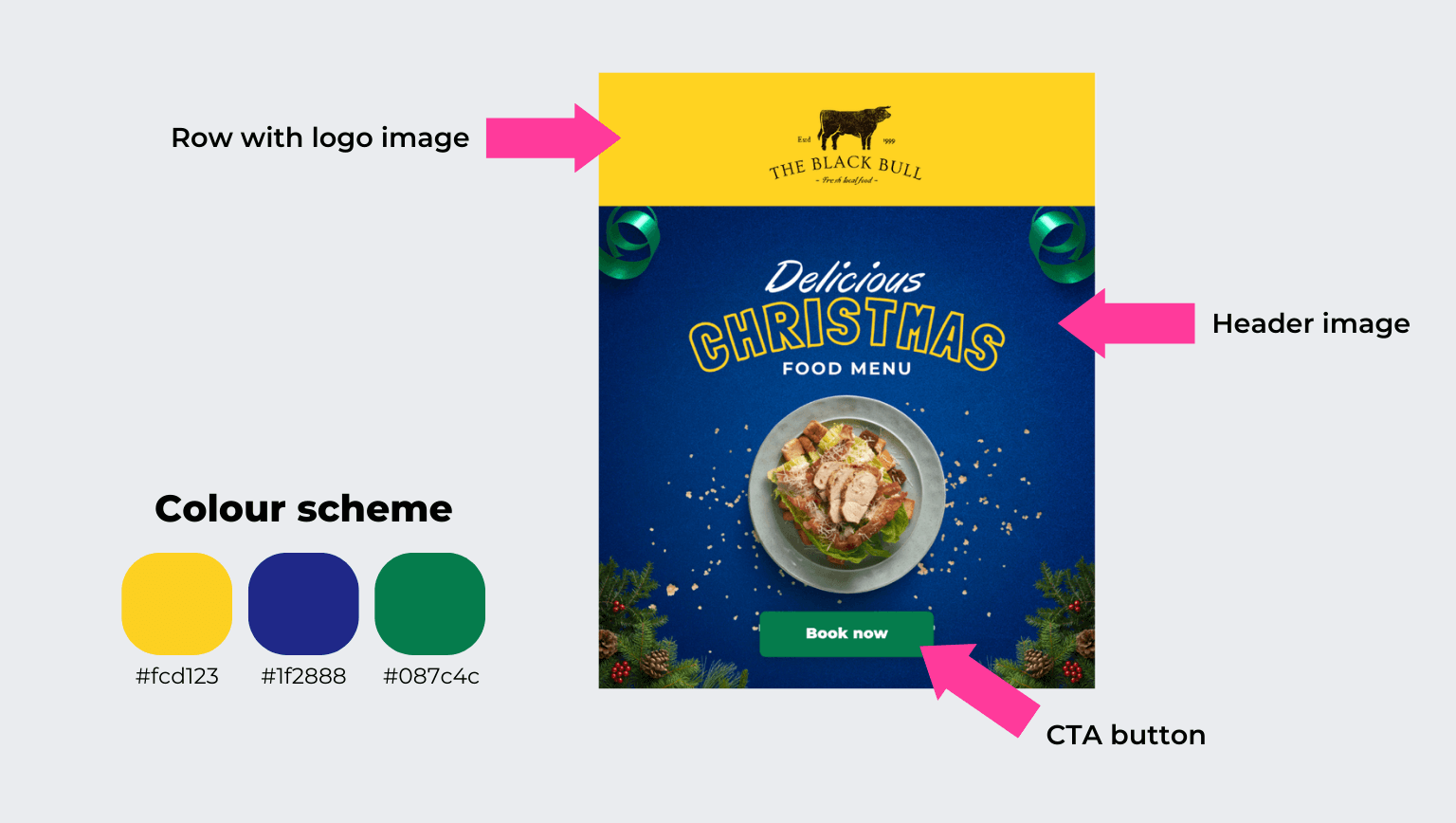 Christmas email header block: a logo row, a festive food menu banner image and a 'book now' CTA button