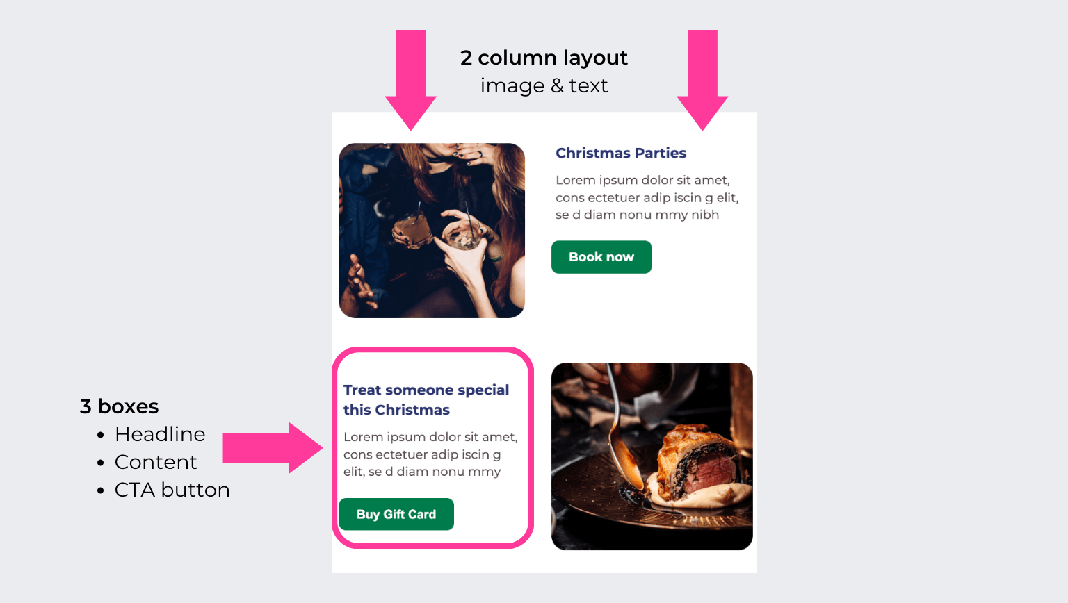 Template layout blocks: a three-box row, headline and text, and a two-column image-and-text block for Christmas parties