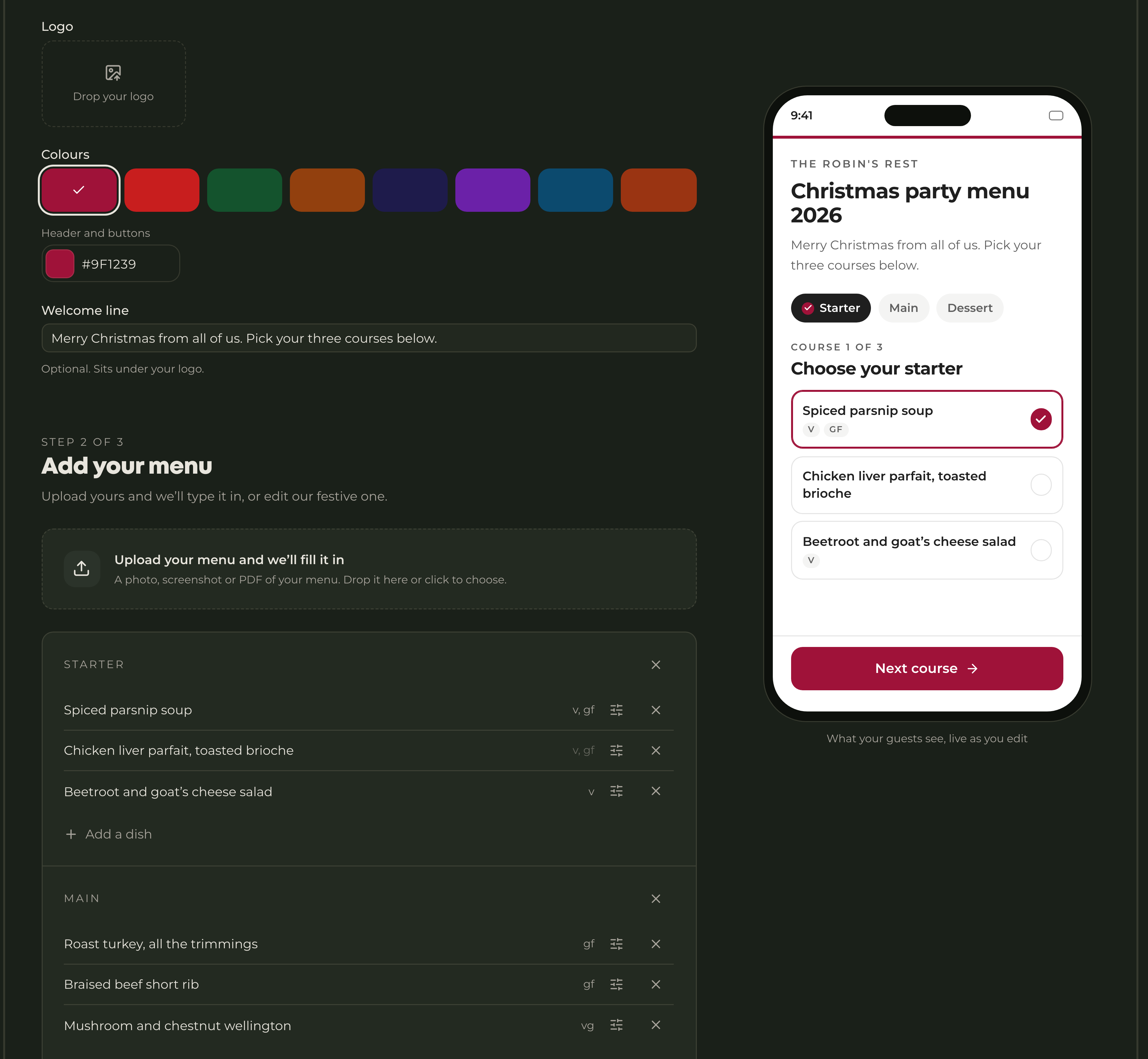 The free Christmas pre-order builder: your menu on the left, exactly what guests see on the right.