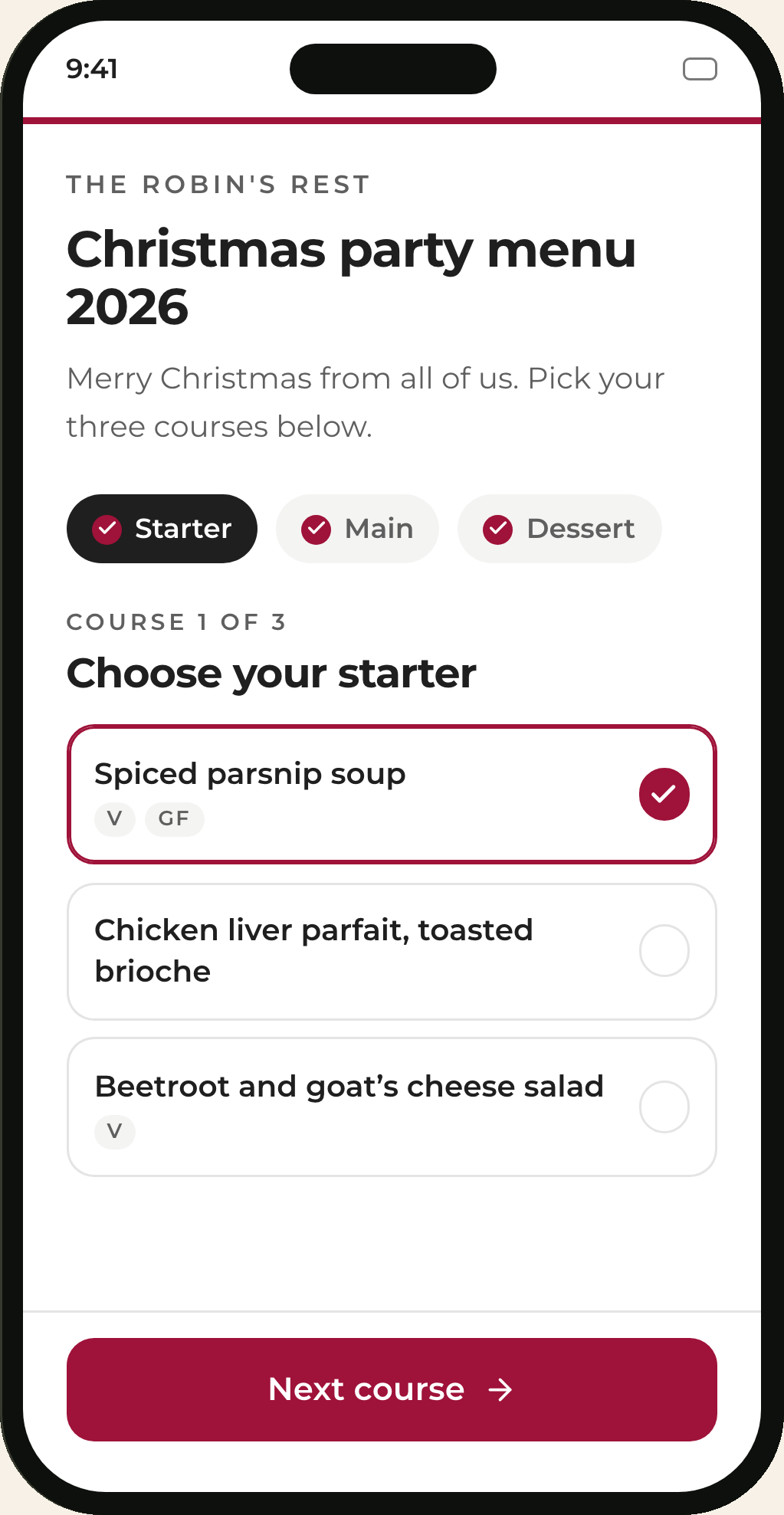 Before confirming, guests can step back through their choices.