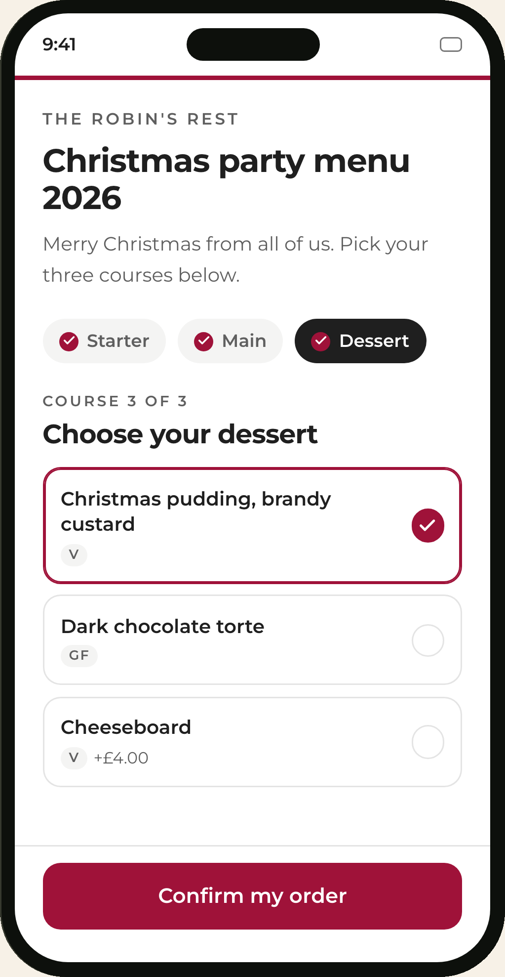 A completed order: starter, main and dessert chosen, with dietary tags on every dish.