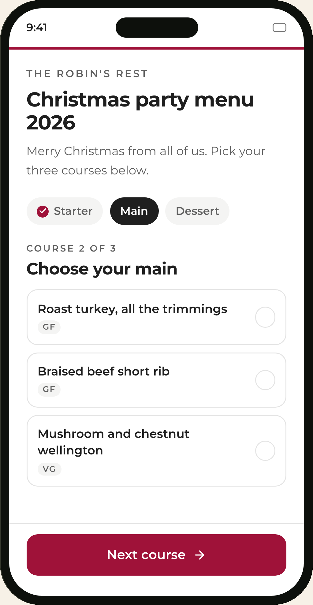 Guests open one link and pick their own courses, one at a time.